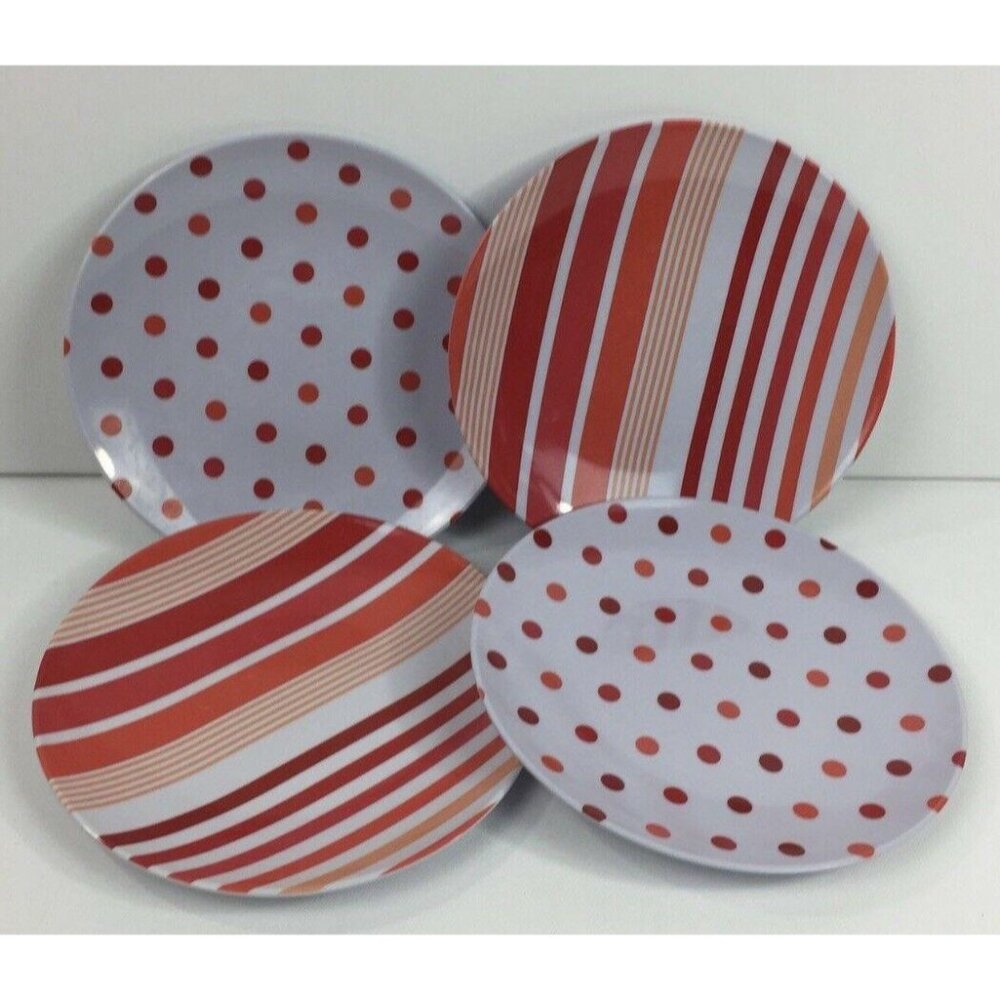 Set 4 10" Melamine Dinner Plates Red White Orange Striped Polka Dot Pool Summer